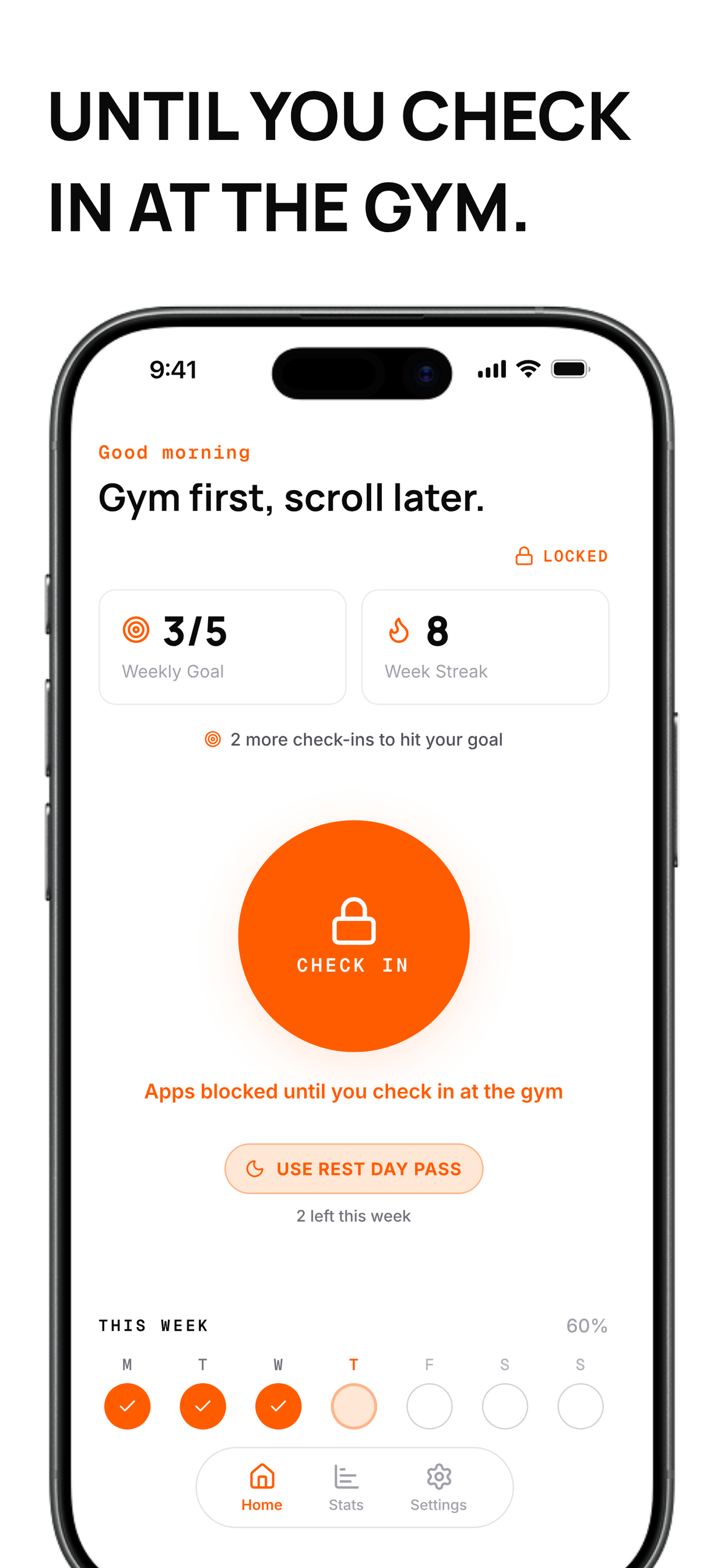 App Store screenshot showing distracting apps locked until gym check-in.