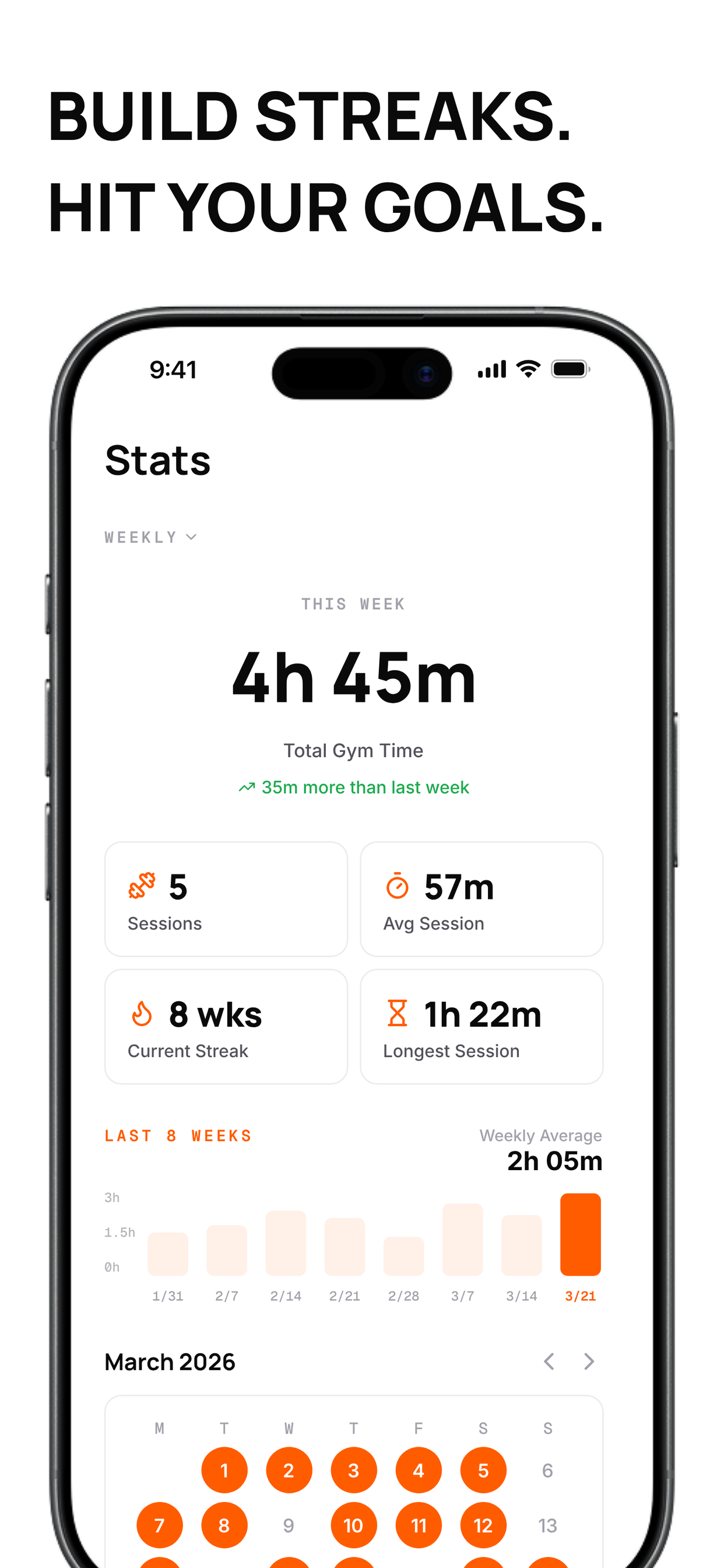 App Store screenshot showing GYMTIME streaks and goals.