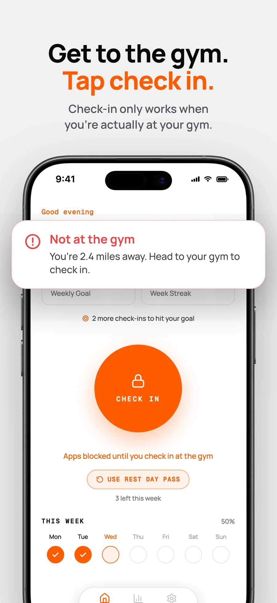 GYMTIME home screen with the check-in button and a Not at the gym warning.