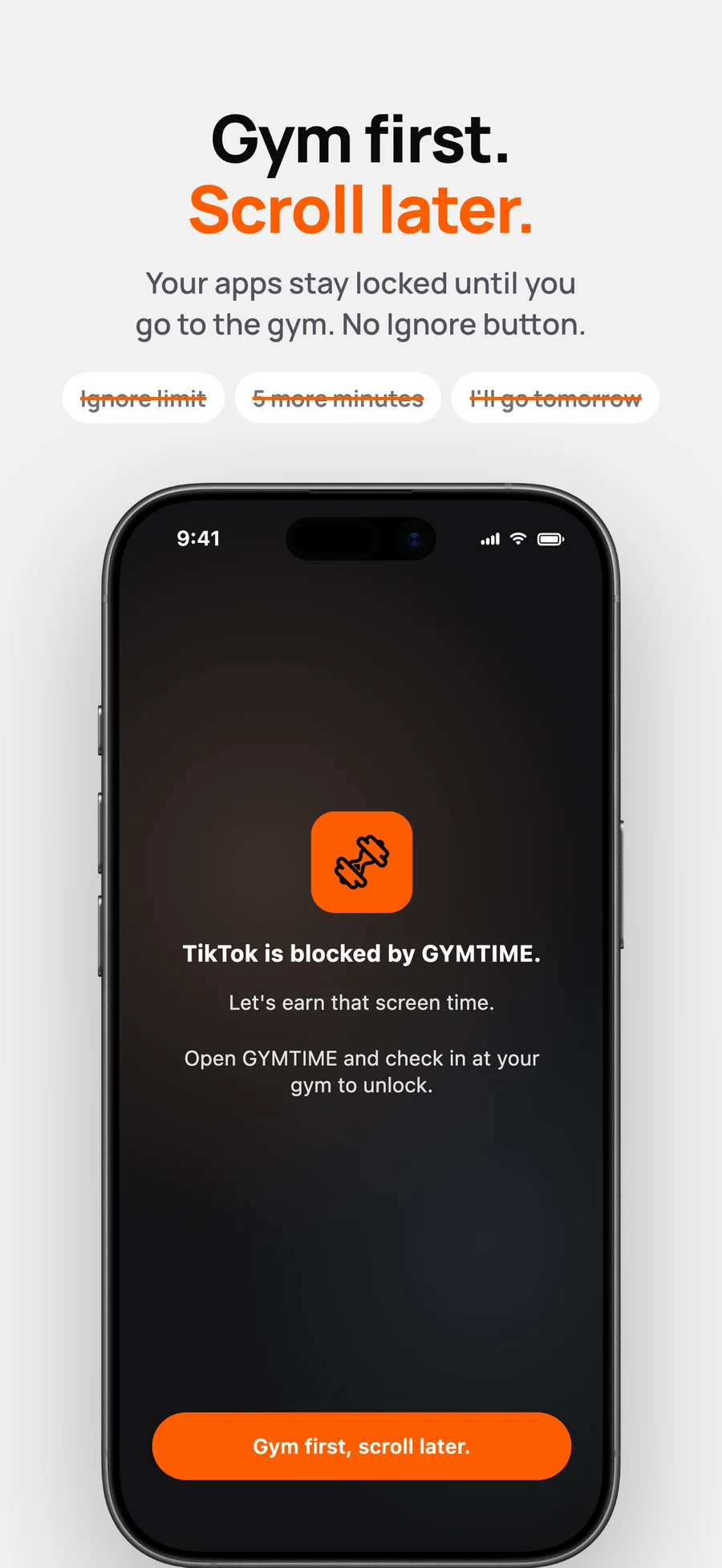 TikTok blocked by GYMTIME until you go to the gym, with no Ignore button.