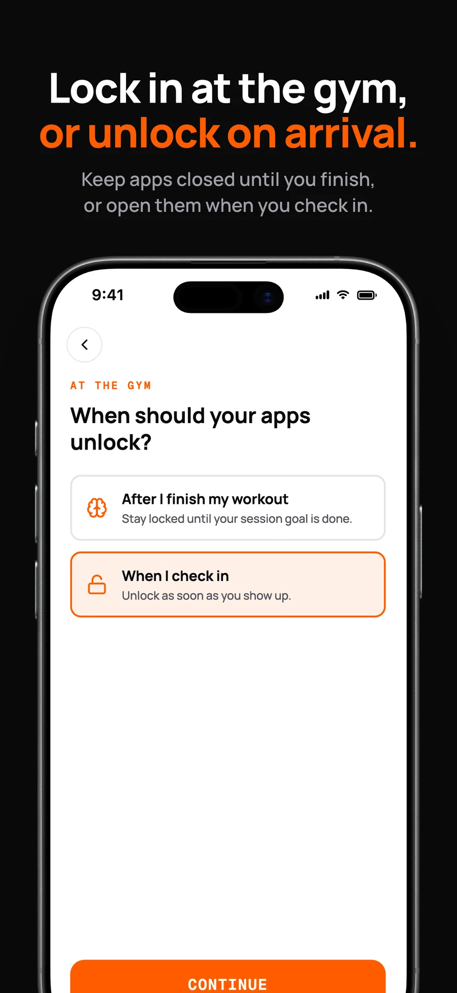 Choice to unlock apps at check-in or after the workout.